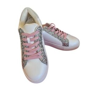 New Hey Girl Corkys Womens White Silver Glitter Star Sneakers Pink Laces